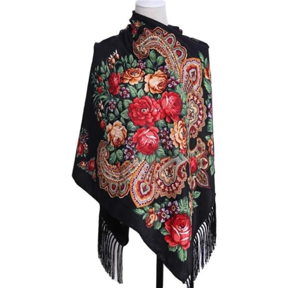 Black Floral Paisley Printed Tassel Scarf Neck Wrap Long Pashmina Shawl Tartan - Picture 3 of 6
